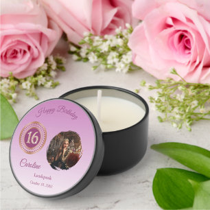 Chic Photo & Rose Gold Glitter Sweet 16 Birthday Mini Candle Favors