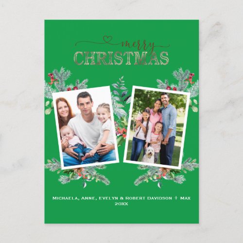 Chic Photo Rose Gold Green Merry Christmas  Holiday Postcard