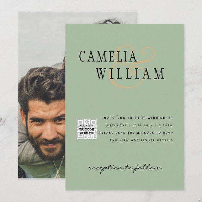Chic Photo Wedding Invite QR Code Save Date Green (Front/Back)