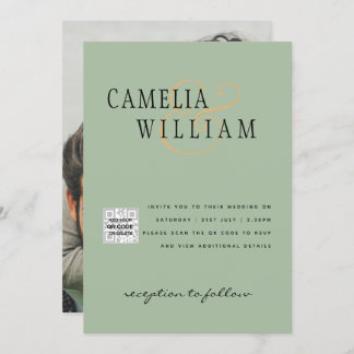 Chic Photo Wedding Invite QR Code Save Date Green