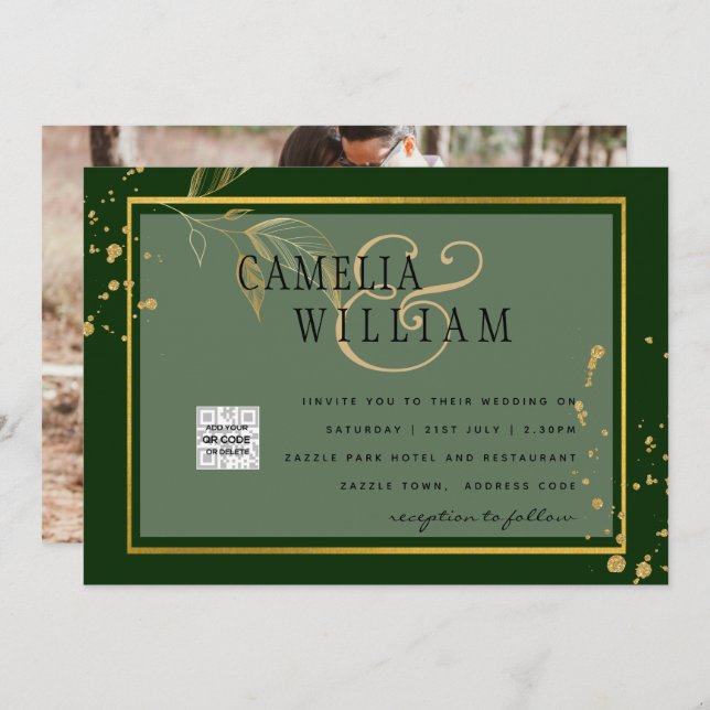 Chic Photo Wedding Invite QR Code Save Date Green (Front/Back)