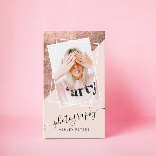 Chic photography blush pink rose gold script photo business card