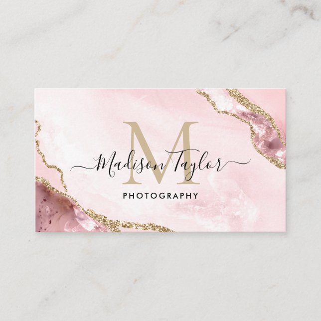 Chic Photography Pink Gold Glitter Agate Monogram Business Card (Front)