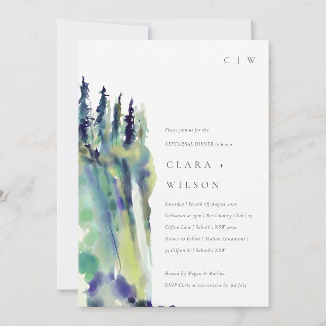Chic Pine Tree Mountain Landscape Rehearsal Dinner Invitation (Front)