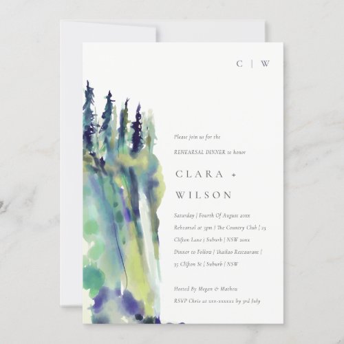 Chic Pine Tree Mountain Landscape Rehearsal Dinner Invitation