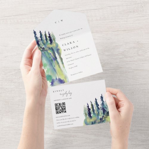 Chic Pine Tree Mountain Landscape Wedding QR Code All In One Invitation