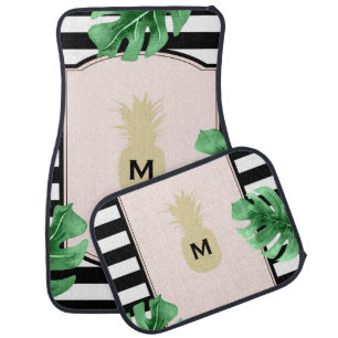 Chic Pineapple & Tropical Leaves Monogrammed Car Floor Mat