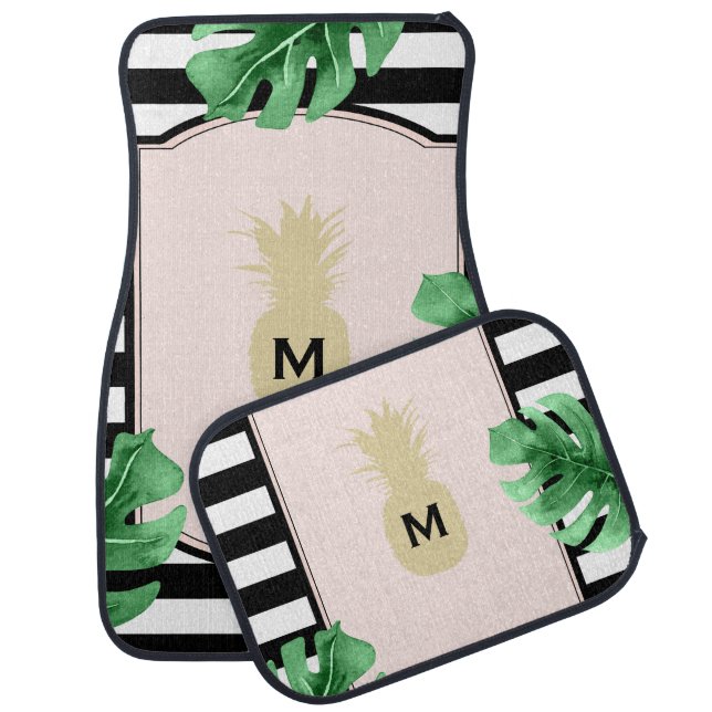 Chic Pineapple & Tropical Leaves Monogrammed Car Floor Mat (Set)