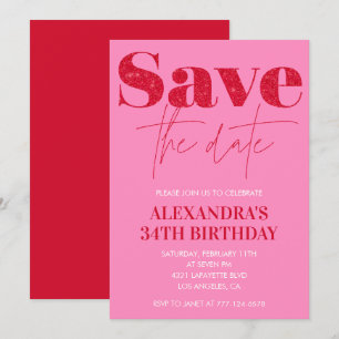 Chic Pink 34th birthday invitations Save the date 