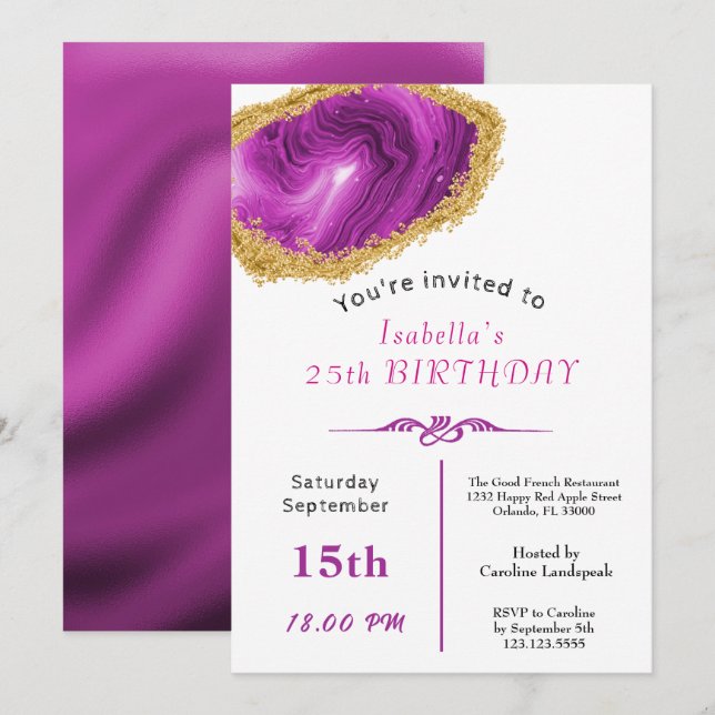 Chic Pink Agate Gold Gilded for Birthday Invitation (Front/Back)