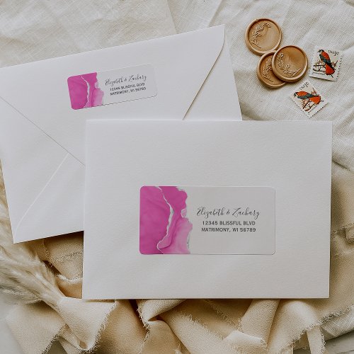 Chic Pink Agate Silver Wedding Return Address Label
