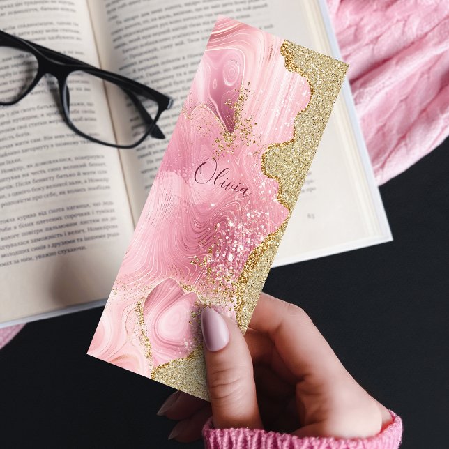 Chic Pink Agate with Gold Glitter Personalized Bookmarks (Creator Uploaded)