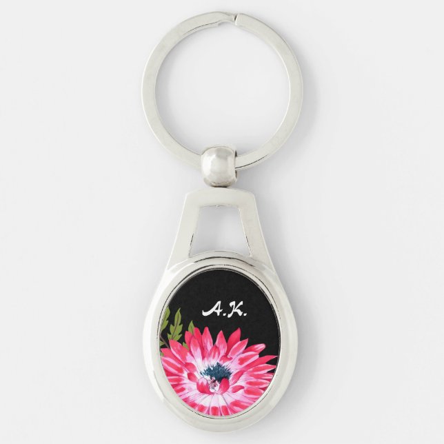 Chic Pink and Black Floral With Monogram Initials Keychain (Front)
