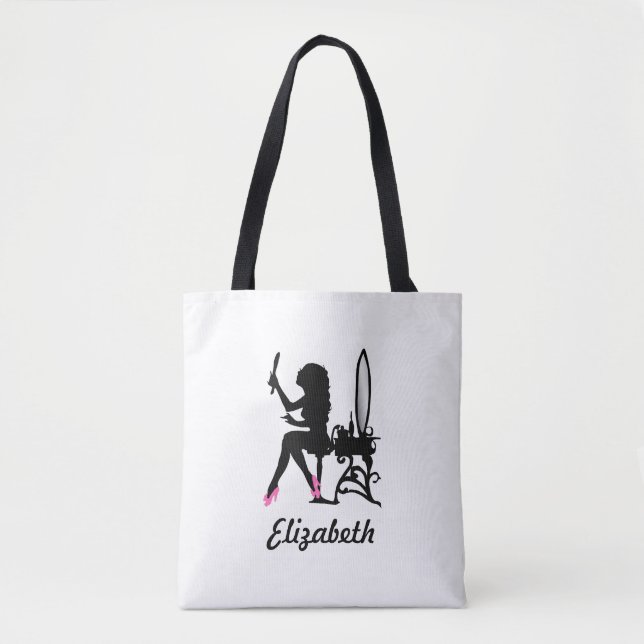 Chic Pink and Black Girly Girl Pink Shoes and Name Tote Bag (Front)