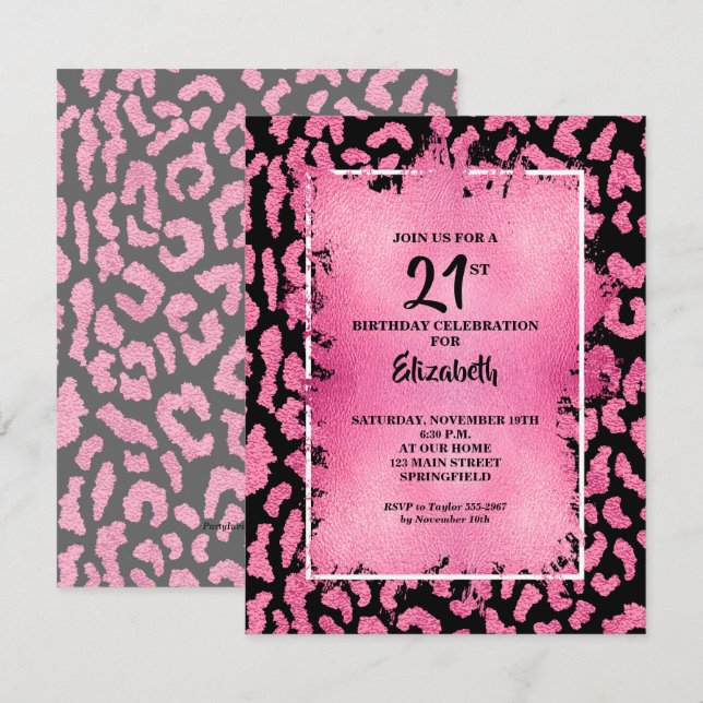 Chic Pink and Black Leopard Print Birthday Invitation (Front/Back)