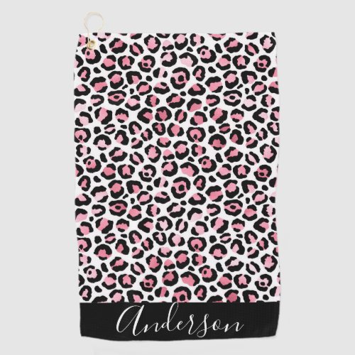 Chic Pink and Black Leopard Spots Personalized Golf Towel