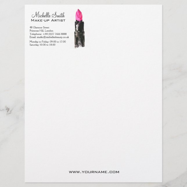 Chic pink and black watercolor lipstick Makeup  Letterhead (Front)