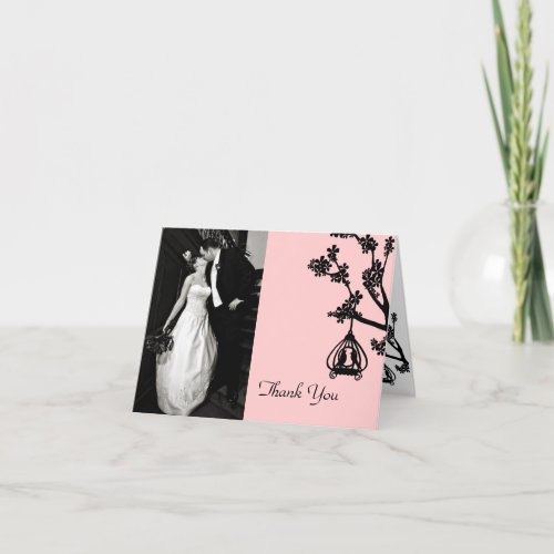 Chic Pink and Black Wedding Photo Thank You Card
