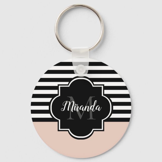 Chic Pink and Black Wide Stripes Name and Monogram Keychain (Front)