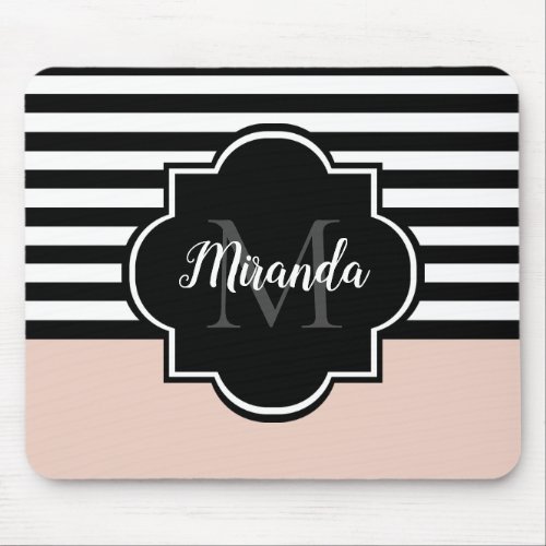 Chic Pink and Black Wide Stripes Name and Monogram Mouse Pad