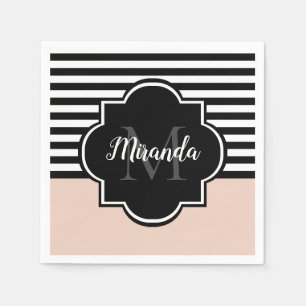 Chic Pink and Black Wide Stripes Name and Monogram Napkins