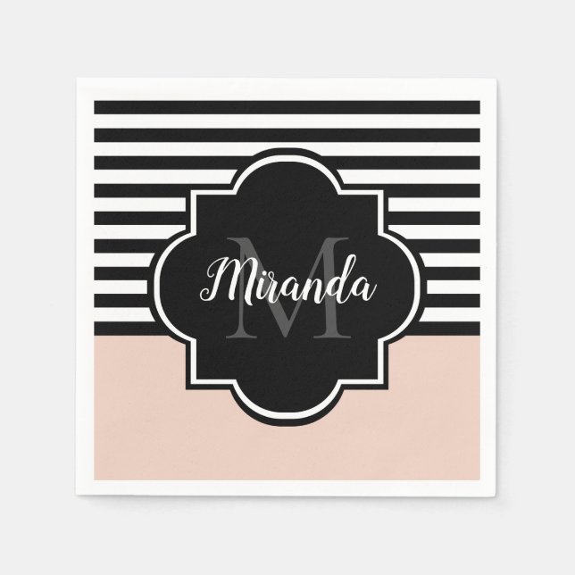Chic Pink and Black Wide Stripes Name and Monogram Napkins (Front)