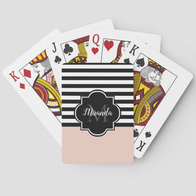 Chic Pink and Black Wide Stripes Name and Monogram Poker Cards (Back)