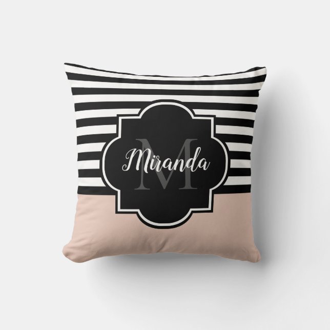 Chic Pink and Black Wide Stripes Name and Monogram Throw Pillow (Front)