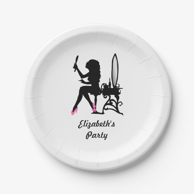 Chic Pink and Black Woman of Fashion Silhouette Paper Plates (Front)