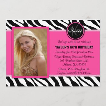 Chic Pink And Black Zebra Print Photo Invite by TreasureTheMoments at Zazzle