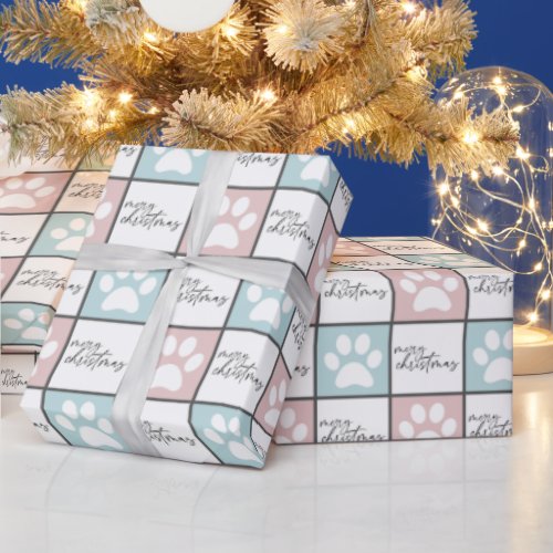 Chic Pink and blue paw print Christmas pattern Wrapping Paper