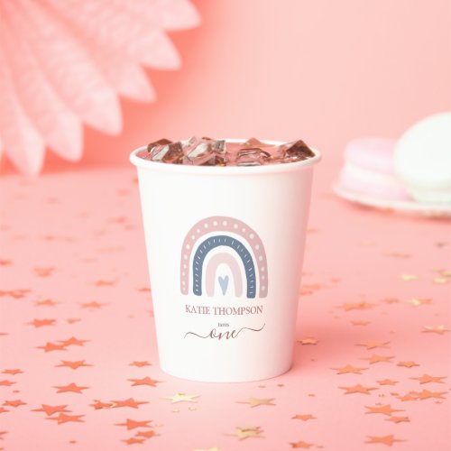 Chic Pink and Blue Rainbow Boho First Birthday Paper Cups