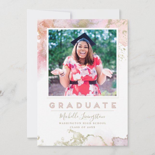 Chic Pink and Gold Abstract Art Graduation Announcement (Front)
