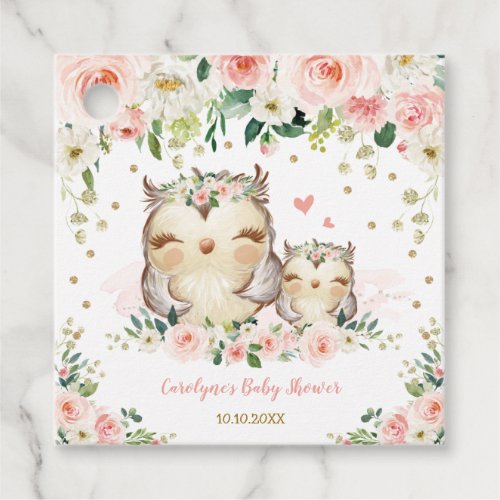 Chic Pink and Gold Floral Owl Baby Shower Birthday Favor Tags