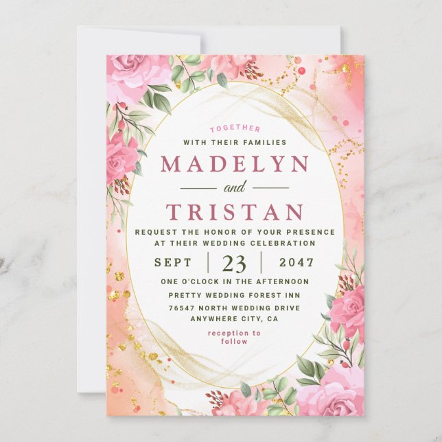 Chic Pink and Gold Floral Photo Wedding Invitation (Front)