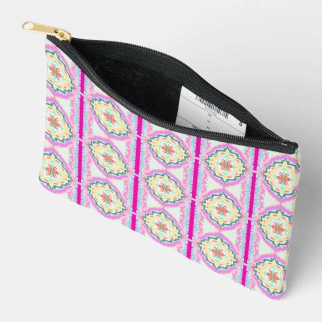 Chic Pink and Gold Geometric Floral Pattern Accessory Pouch (Open)