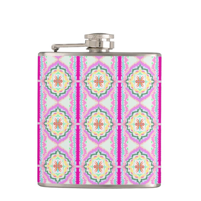 Chic Pink and Gold Geometric Floral Pattern Flask (Front)
