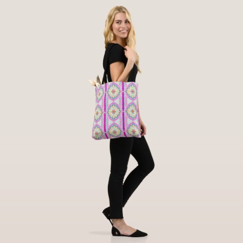 Chic Pink and Gold Geometric Floral Pattern Tote Bag