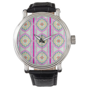 Chic Pink and Gold Geometric Floral Pattern Watch