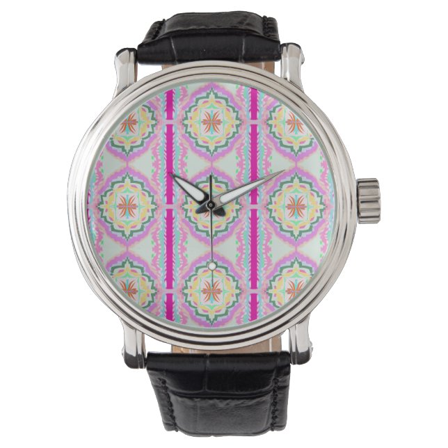 Chic Pink and Gold Geometric Floral Pattern Watch (Front)
