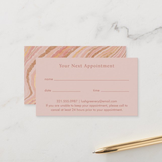 Chic Pink and Gold Marble Modern Appointment Card (Front/Back In Situ)