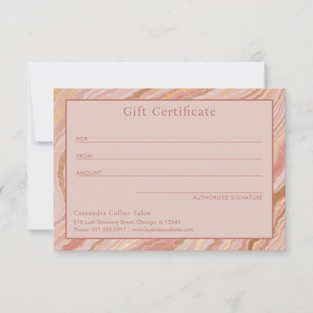 Chic Pink and Gold Marble Modern Gift Certificate (Front)
