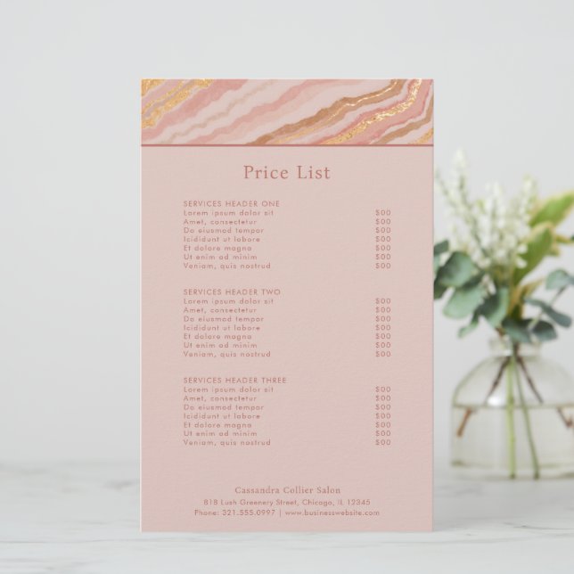 Chic Pink and Gold Marble Modern Price List (Standing Front)