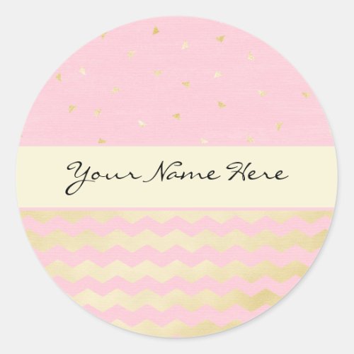 Chic Pink and Gold Triangle Confetti and Chevrons Classic Round Sticker