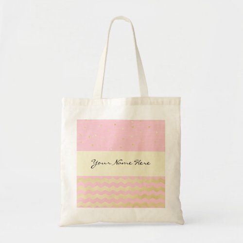 Chic Pink and Gold Triangle Confetti and Chevrons Tote Bag