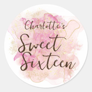 Chic Pink and Gold Watercolor Sweet 16 Party Classic Round Sticker