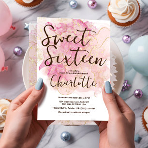 Chic Pink and Gold Watercolor Sweet 16 Party  Invitation