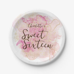 Chic Pink and Gold Watercolor Sweet 16 Party Paper Plates
