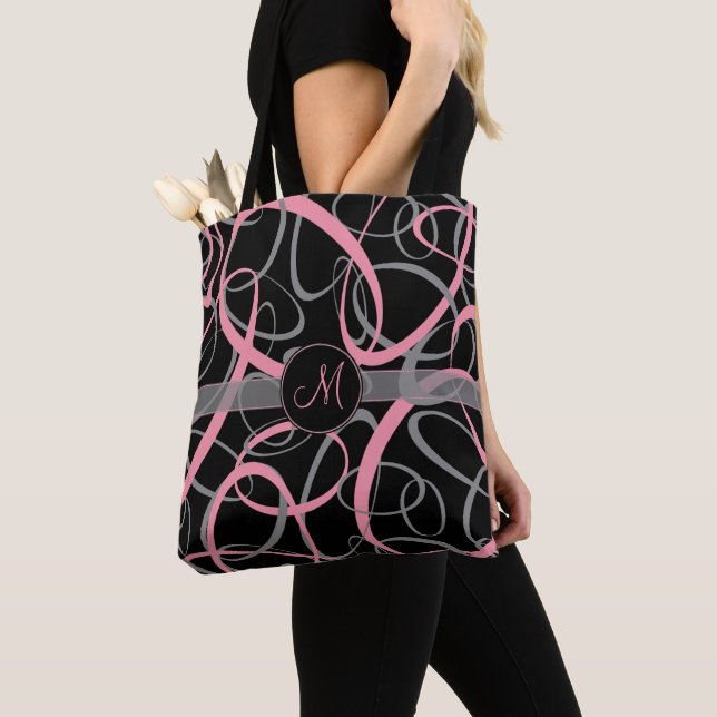 Chic pink and gray on black loopy retro monogram tote bag (Close Up)
