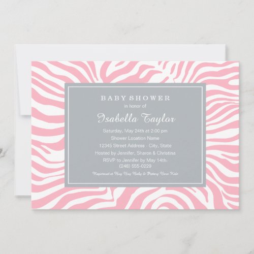 Chic Pink and Gray Zebra Stripes Girl Baby Shower Invitation